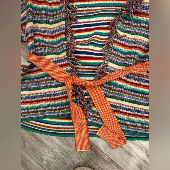 Marine Layer Alamere Long Fringe Multi Stripe Belted Cardigan Sweater - Picture 4 of 5